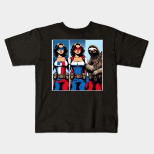 Francais: Female Gritty 80's Comic Book Hero with Sloth 1 Kids T-Shirt